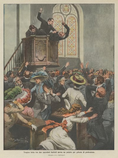 Tragic fight between two Baptist priests on a pulpit out of professional jealousy by Achille Beltrame