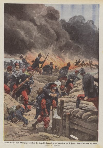French trench in Champagne flooded with petrol by the Germans and then set on fire with bombs by Achille Beltrame