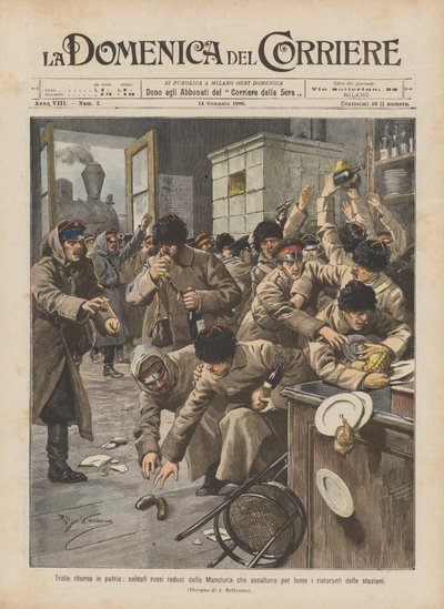 Sad Return Home, Russian Soldiers Returning from Manchuria Attacking Station Restaurants Out of Hunger by Achille Beltrame