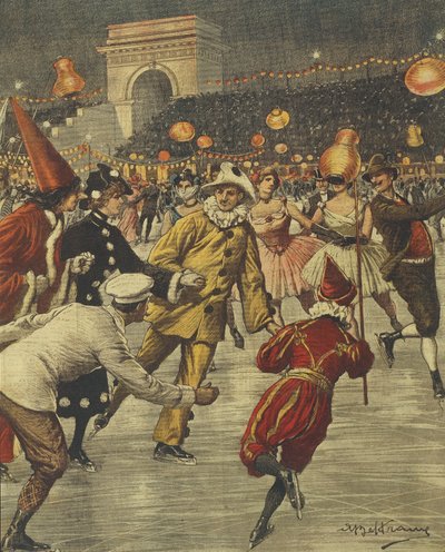 Typical costume party on ice at Aren in Milan, by Achille Beltrame, illustration, from La Domenica del Corriere by Achille Beltrame