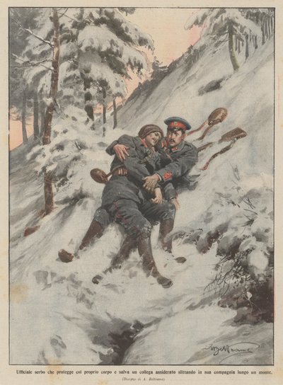 Serbian Officer Protecting and Saving a Frozen Colleague by Sliding on His Own Body by Achille Beltrame