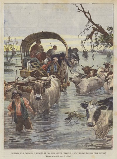 An Episode of the Floods in Piedmont, the Escape of the Inhabitants Through the Flooded Waters by Achille Beltrame