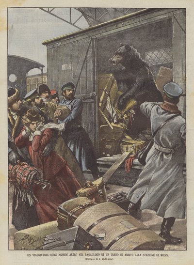 A Traveler Like No Other in the Luggage Compartment of a Train Arriving at Moscow Station by Achille Beltrame