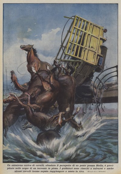 A Truck Loaded with Horses Broke Through the Parapet of a Bridge Near Biella and Fell by Achille Beltrame