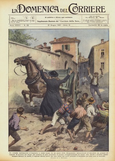 A runaway horse ran wildly through a village in Bergamasca, threatening by Achille Beltrame