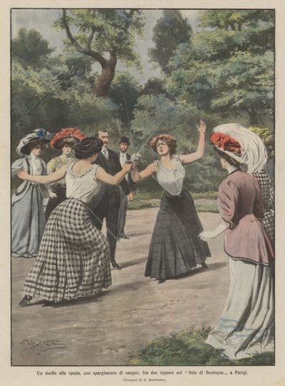 A duel with swords, with bloodshed, between two ladies in the Bois de Boulogne in Paris by Achille Beltrame