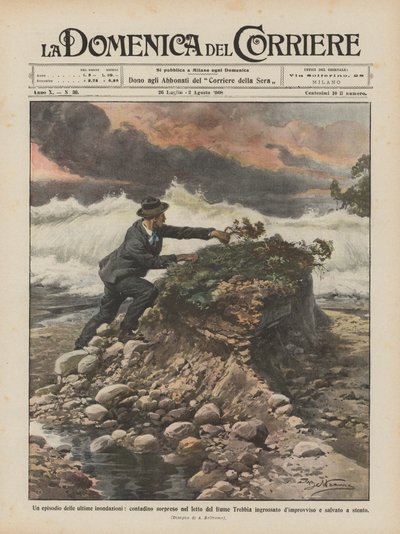 An episode of the recent floods, a farmer surprised in the bed of the swollen Trebbia river by Achille Beltrame