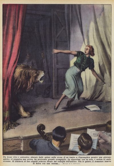 A Real Live Lion Emerged from the Wings onto the Stage of a Theater in Copenhagen While a? by Achille Beltrame