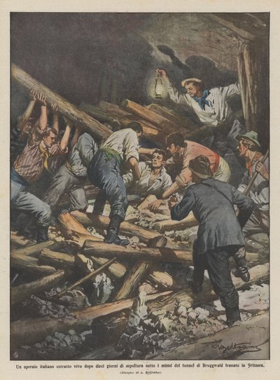 An Italian worker extracted alive after ten days of burial under the rocks of the tunnel by Achille Beltrame