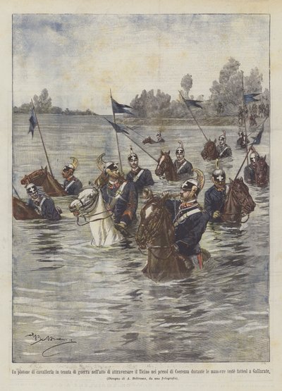 A Platoon of Cavalry in War Gear Crossing the Ticino Near by Achille Beltrame