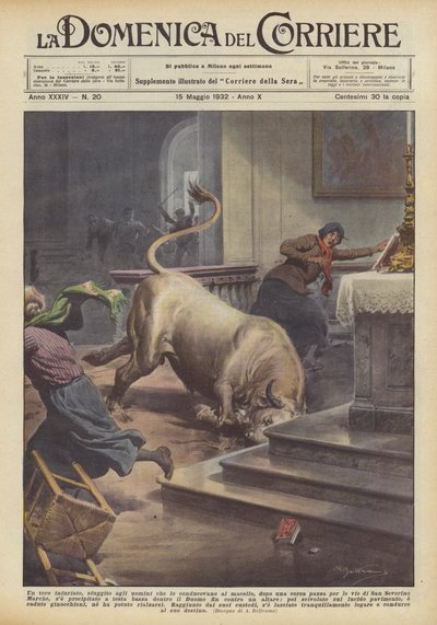 An Enraged Bull Escaped from the Men Leading It to the Slaughterhouse by Achille Beltrame