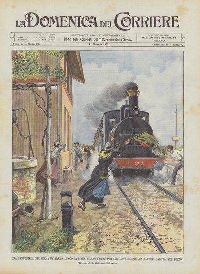 A Crossing Guard Stops a Train on the Milan-Varese Line to Save Her Daughter Who Fell into a Well by Achille Beltrame