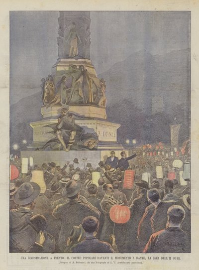 A Demonstration in Trento, The Popular Procession in Front of the Monument to Dante, on the Evening of the 11th by Achille Beltrame