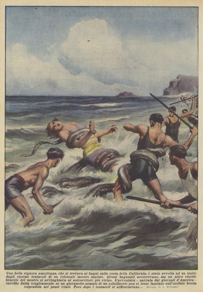 A beautiful American lady, who was at the baths on the coast of California, was enveloped by Achille Beltrame