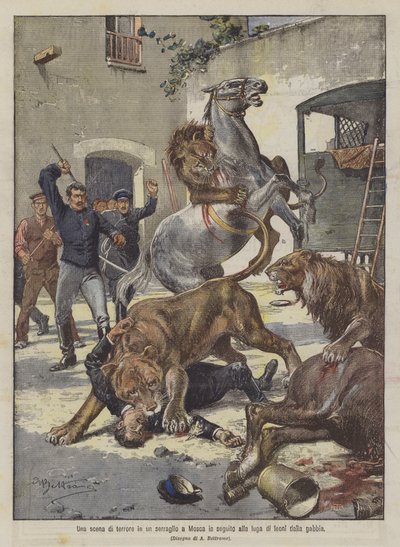A Scene of Terror in a Menagerie in Moscow Following the Escape of Lions from the Cage by Achille Beltrame