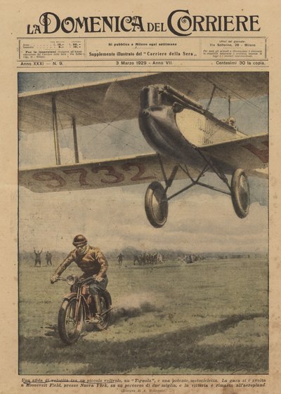 A speed challenge between a small aircraft, a Tignola, and a powerful motorcycle by Achille Beltrame