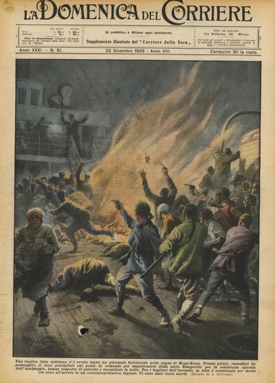 A Tragic Night Fight Took Place on a British Steamer in the Waters of Hong Kong by Achille Beltrame