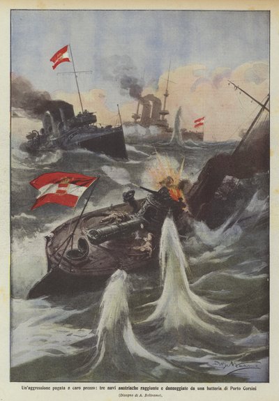 An aggression paid at a high price, three Austrian ships reached and damaged by a battery from Porto Corsini by Achille Beltrame