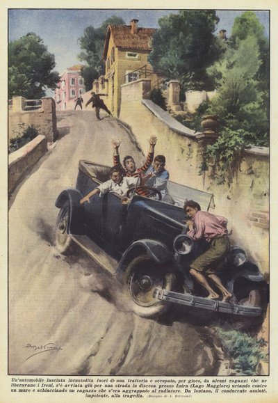 A car left unattended outside a tavern was occupied for fun by some boys by Achille Beltrame