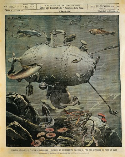 Underwater sea vessel for exploring seabed, illustration by Achille Beltrame, from La Domenica del Corriere, March 1 by Achille Beltrame
