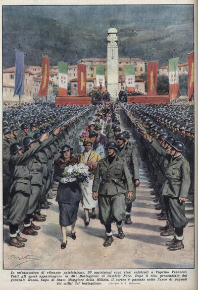 Wedding Ceremony of Members of Black Shirts in Caprino Veronese in Veneto. Illustration by Achille Beltrame in 