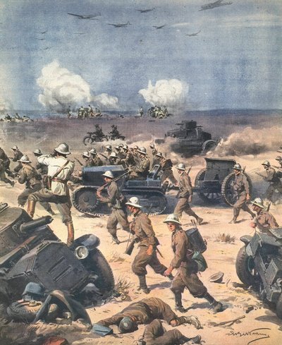 World War II. Libya (North African Campaign). Italian troops in Cyrenaica progress to Egypt. Illustration by Antonio Beltrame. “La Domenica del Corriere”. September 22 by Achille Beltrame