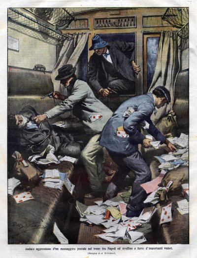 Bandits at the Assault in a Postal Train Between Naples and Avellino in 1910. Illustration by Achille Beltrame for the 
