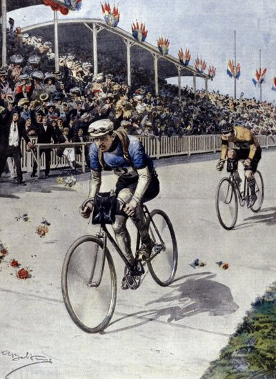 Cyclist Peer Breton Winner of the Tour de France in 1908. illustration by Achille Beltrame by Achille Beltrame