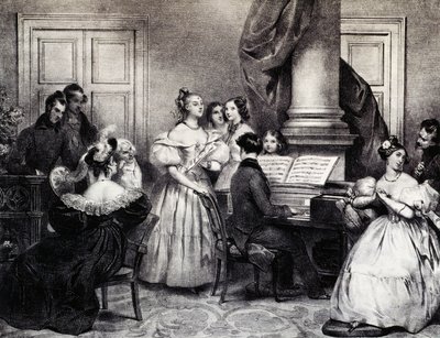 Family concert with piano, by Achille Deveria, engraving, France by Achille Devéria