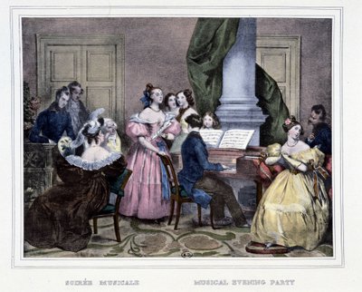 Musical evening around the pianoforte - in "Les heures de la Parisienne" by Achille Deveria by Achille Devéria