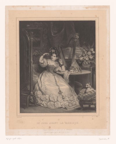 Bride-to-be trying on a necklace in front of the mirror (A day before the wedding) by Achille Devéria