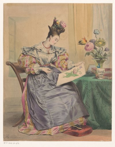 Woman Coloring a Print (4 heures du soir, Hours of the Day, Les Heures du jour) by Achille Devéria