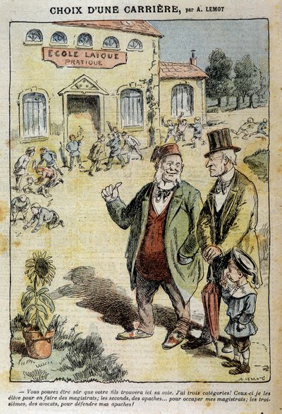 Choice of a career: Cartoon on the Laique School - by Achile Lemot, in “Le Pelerin” of 04/04/1909 by Achille Lemot