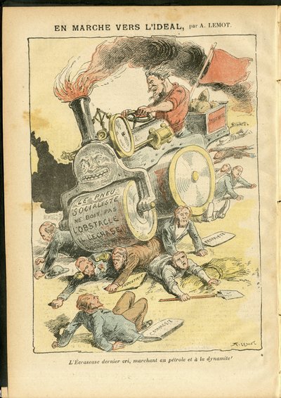 Illustration by Achille Lemot in Le Pelerin, 27/05/06 - On the march towards the ideal - Social, Automobile, Dead corpses, Revolution, Red Flag, Economy, Socialism, Pneumatic, Puncture by Achille Lemot