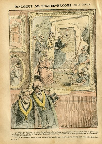 Illustration by Achille Lemot in Le Pelerin, 31/03/07 - Dialogue of Francs-Macons - Art, Antimaconism Freemaking, Religion Faith, Catholic Catholicism - Separation of Church and State, Inventories/Reactions to inventories by Achille Lemot