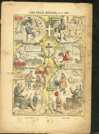Illustration of Achille Lemot in Le Pelerin, 04/04/09 - The two schools - Teaching, Religion Faith, Catholic Catholicism - Laicisation Laicite Laiques Laws - Teacher, Lycean student, collegian, Cures by Achille Lemot