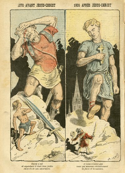 Illustration of Achille Lemot in Le Pelerin, 05/11/05 - 1070 BC Jesus Christ 1905 AD - Antimaconism, Religion, Left Bloc, Catholicism - Laicisation, David, Goliath - Tales/Myth by Achille Lemot