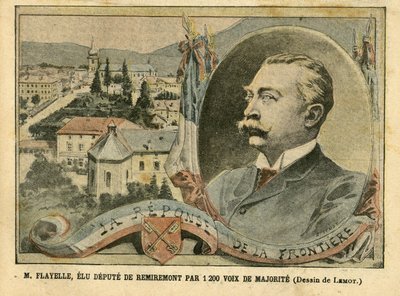 Illustration in Le Pelerin - M. Flayelle, elected deputy of Remiremont by 1200 majority votes - Elections, Alsace Lorraine, Chamber of Deputies Hemicycle, Patriotism, Borders, Remiremont, Vosges - Deputy, Flayelle by Achille Lemot