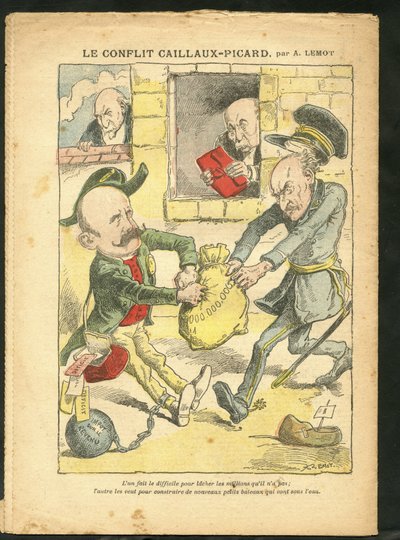Illustration of Achille Lemot in Le Pelerin, 07/03/09 - The Caillaux-Picard Conflict - Taxation, Income Tax - Combes Emile, Clemenceau George, Caillaux Joseph by Achille Lemot