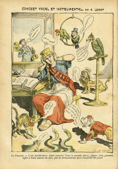 Illustration of Achille Lemot (1846-1909) in Le Pelerin, 21/05/05 - Vocal and instrumental concert - Russia, Germany Prussia, Music, England Great Britain, Europe, Japan, Peace, Morocco, Diplomacy, Three-color flag, Bloc des lefts, Singing singers, Patriot by Achille Lemot