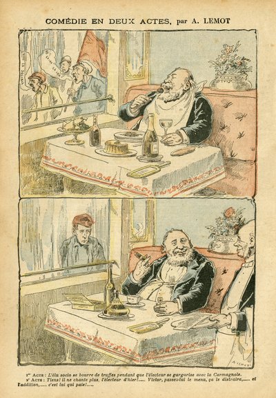 Illustration in Le Pelerin - Comedy in two acts - Restaurant Cafes, Gastronomy cooking, Socialism - Cafe boys, Truffle - Fat/lean by Achille Lemot