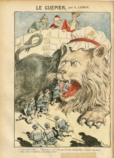 Illustration of Achille Lemot in Le Pelerin, 25/08/07 - Le Guepier - War, Germany Prussia, England Great Britain, Spain, Maritime Marine Seaside - Lion/Tiger by Achille Lemot