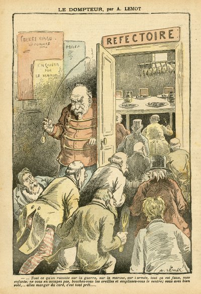 Illustration in Le Pelerin - The tamer - Restaurant Cafes, Gastronomy cook - Combes Emile, Tamer - Food Metaphor by Achille Lemot