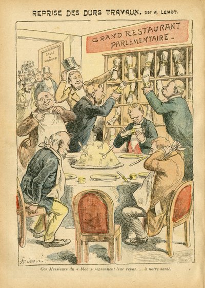 Illustration of Achille Lemot in Le Pelerin, 27/10/07 - Resumption of hard work - Antiparliamentarism, Restaurant Cafes, Chamber of Deputes Hemicycle, Bloc des lefts, Plate au beurre - Depute - Metaphore alimentaire by Achille Lemot