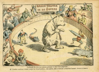Illustration of Achille Lemot in Le Pelerin, 28/02/04 - The attitude of various nations... - Russia, Russian-Japanese War - Combes Emile, Bear, Fair Bear - Animalisation, Carnival/Game/Circus by Achille Lemot
