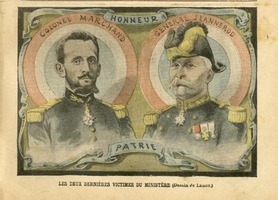 Illustration of Achille Lemot in Le Pelerin, 29/05/04 - The last two victims of the ministry - Army, Ministry of War, Patriotism - Secularization Secular Laws - Marchand Jean-Baptiste, General Generals, Jeannerod Gaspa by Achille Lemot
