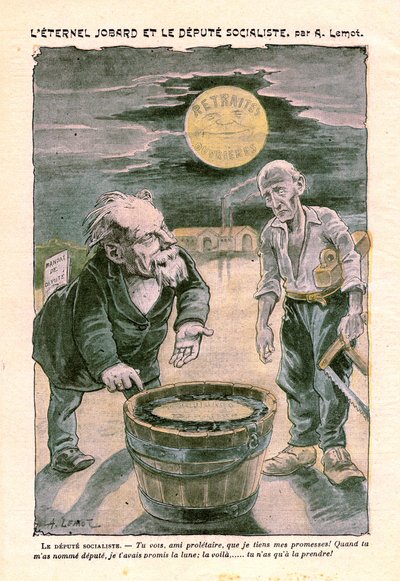 Socialist deputy promising the moon (retirement) to a poor proletarian (carpenter), in Le Pelerin, Catholic weekly N°1391 of 30 August 1903 (drawing by A. Lemot) by Achille Lemot
