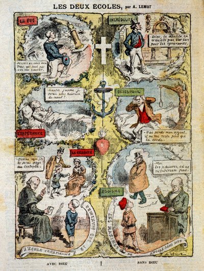 The two schools: caricature on the differences between the confessional school and the laique school - by Lemot, in 