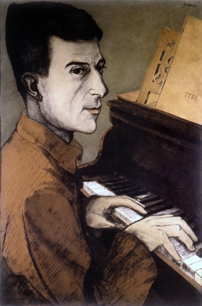 Portrait of Maurice Ravel on the piano - lithography by Ouvré by Achille Ouvré