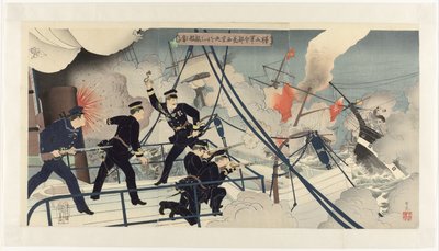 Kabayama, Head of the Naval Command, Attacks an Enemy Ship with the Seikyō Maru by Adachi  Ginkō